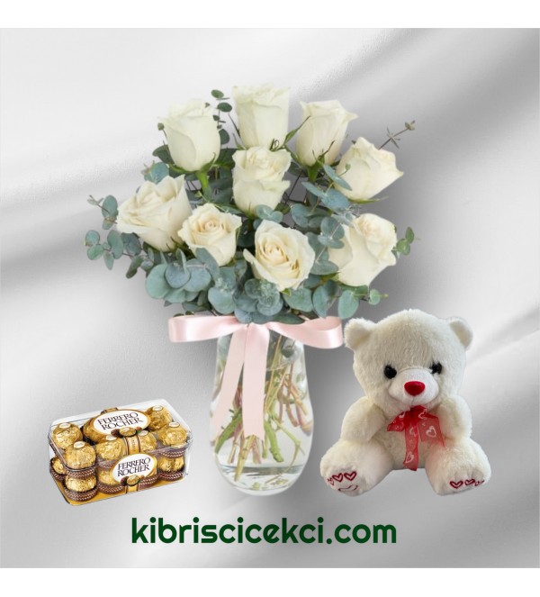 Vazoda 9 Beyaz Gül Ayıcık 16'lı Ferrero Çikolata